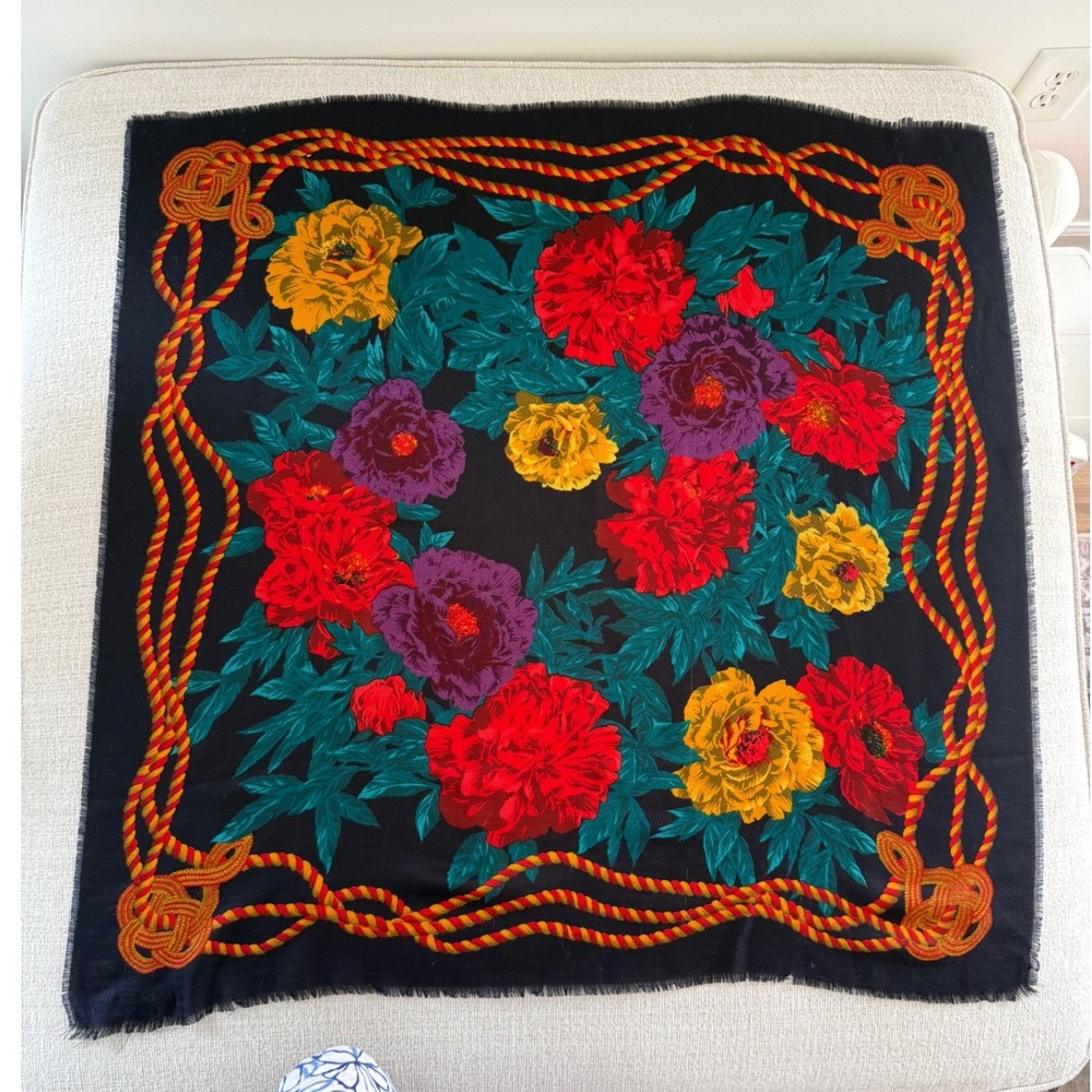 Vintage Made in Italy Floral Square Scarf Black Red Yellow Rope Border RN 13962